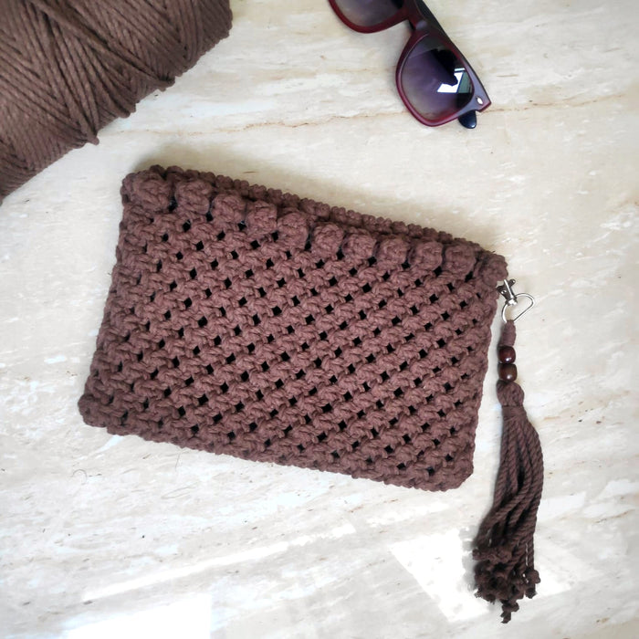 Coffee Macrame Textured Zipper Clutch