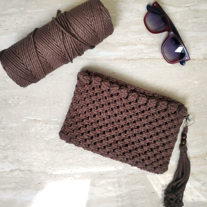 Coffee Macrame Textured Zipper Clutch