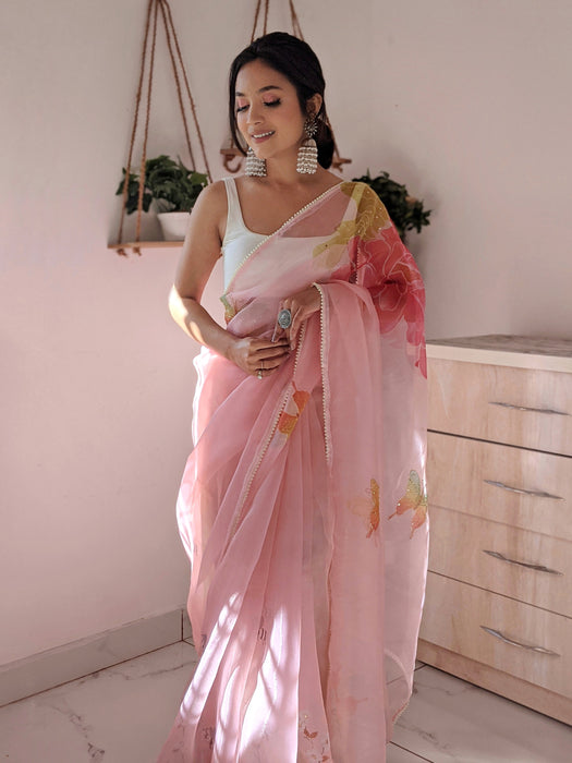 Blush Vibe (Printed Organza Cutdana Work Saree)