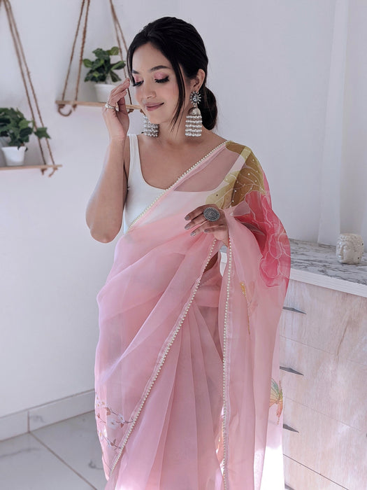 Blush Vibe (Printed Organza Cutdana Work Saree)