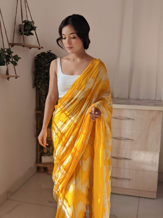 Royal Sunshine (Pure Georgette Thread and Sequins work Shibori Saree)