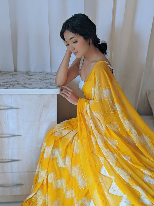 Royal Sunshine (Pure Georgette Thread and Sequins work Shibori Saree)