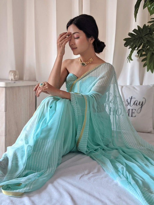 Soft Cyan (Handblock Chiffon Saree)