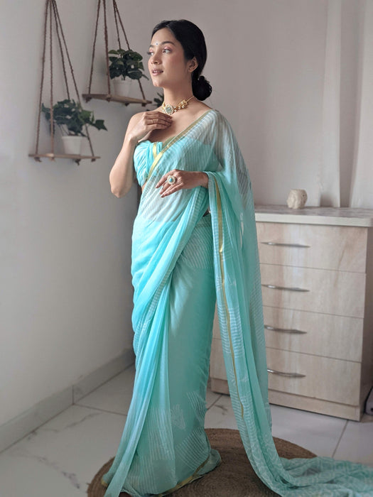 Soft Cyan (Handblock Chiffon Saree)