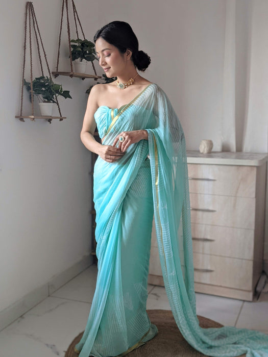 Soft Cyan (Handblock Chiffon Saree)