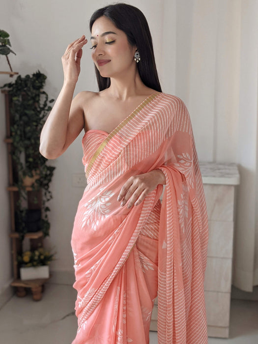 Peach of my Heart (Handblock Chiffon Saree with Zari Border)