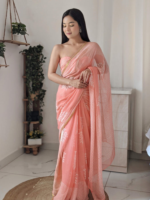 Peach of my Heart (Handblock Chiffon Saree with Zari Border)