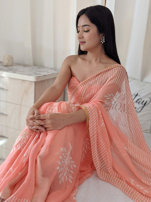 Peach of my Heart (Handblock Chiffon Saree with Zari Border)