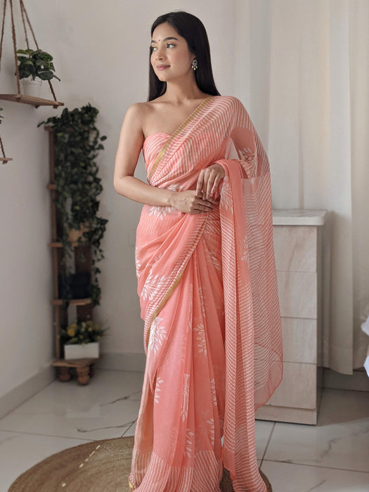 Peach of my Heart (Handblock Chiffon Saree with Zari Border)