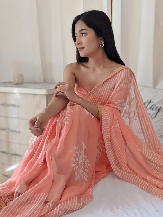 Peach of my Heart (Handblock Chiffon Saree with Zari Border)