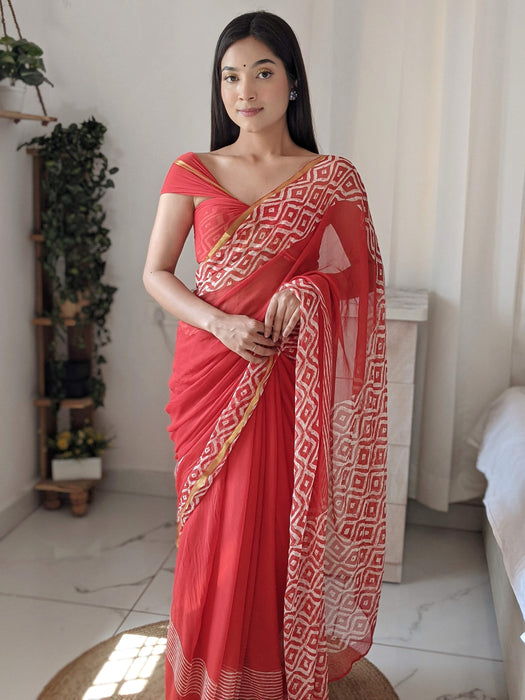 As red as cherry (Handblock Zari Border Red Chiffon Saree)