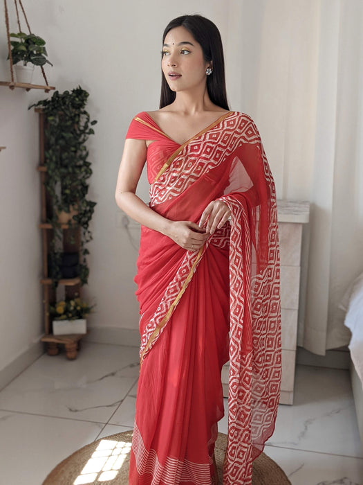 As red as cherry (Handblock Zari Border Red Chiffon Saree)