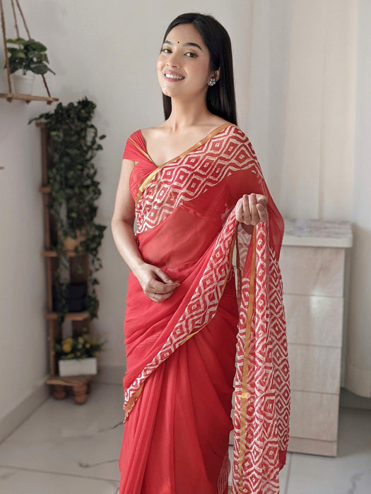 As red as cherry (Handblock Zari Border Red Chiffon Saree)