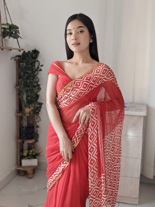 As red as cherry (Handblock Zari Border Red Chiffon Saree)