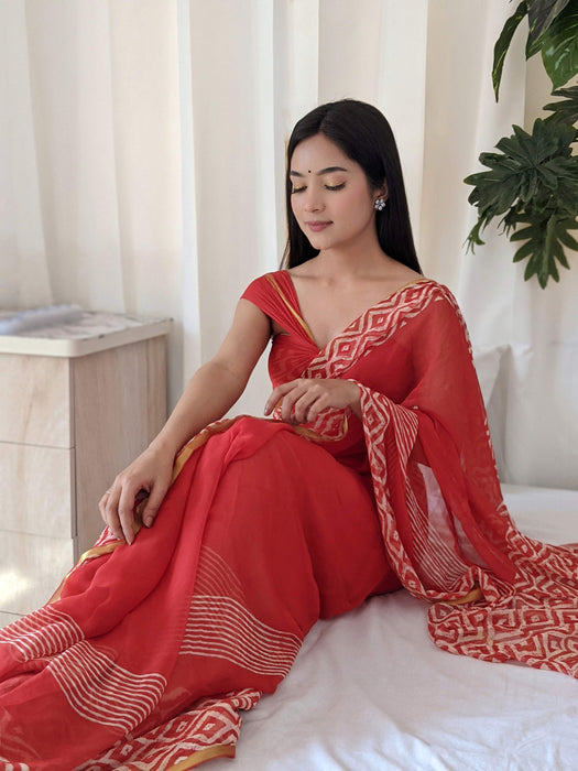 As red as cherry (Handblock Zari Border Red Chiffon Saree)