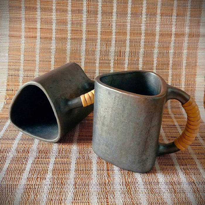 Longpi Black Pottery Trikon Coffee Mugs Set Of 2