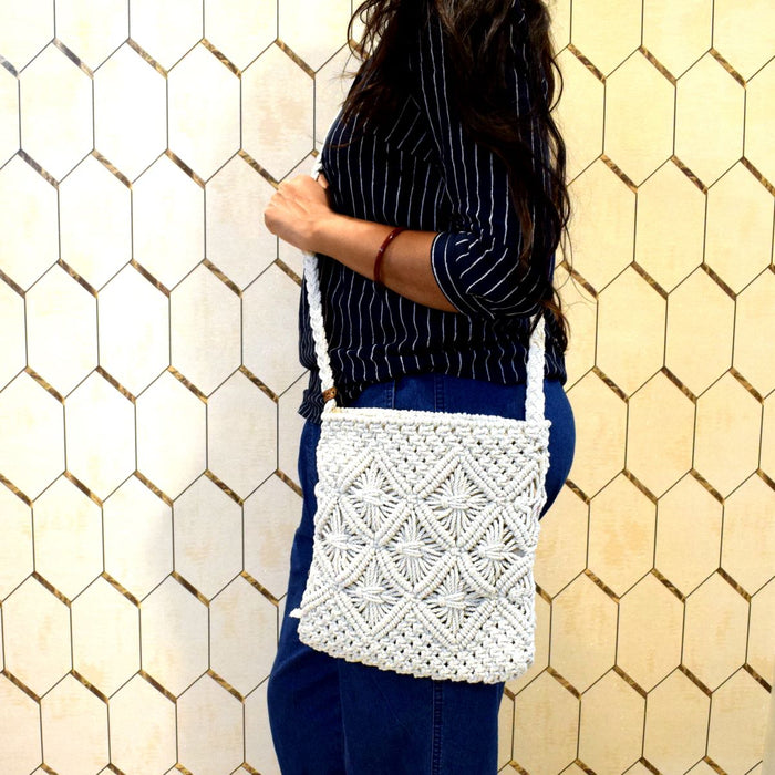 Unisex Off-White Macrame Multipurpose Tote Bag