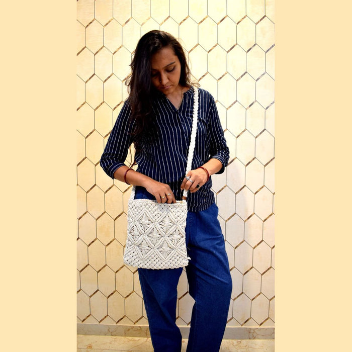 Unisex Off-White Macrame Multipurpose Tote Bag