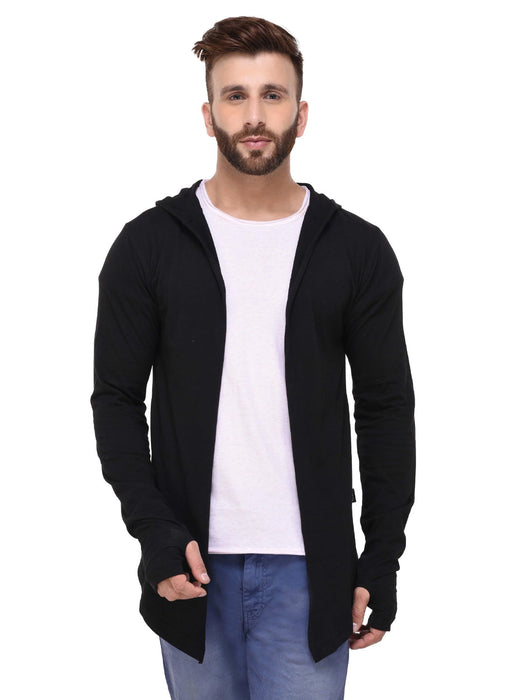 Black Hooded With Thumbhole open Long Cardigan Full Sleeve Shrug for Men