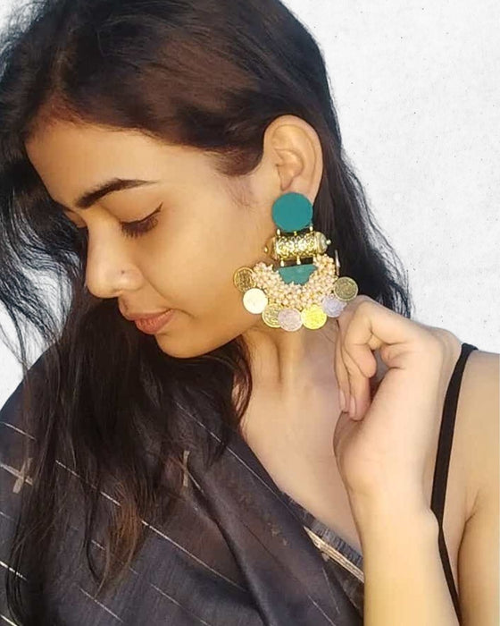 Sea Green Silver And Golden Jhumka Earrings