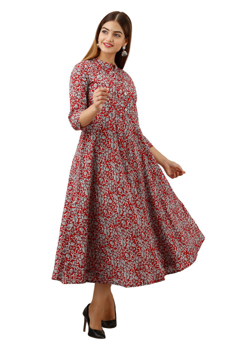 Women's Pure Cotton Printed Ankle Length Flared Traditional Kurta KR041RED