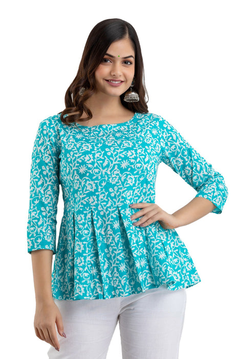 Women's Pure Cotton Printed Hip Length Formal Tops KRT028TURQUOISE