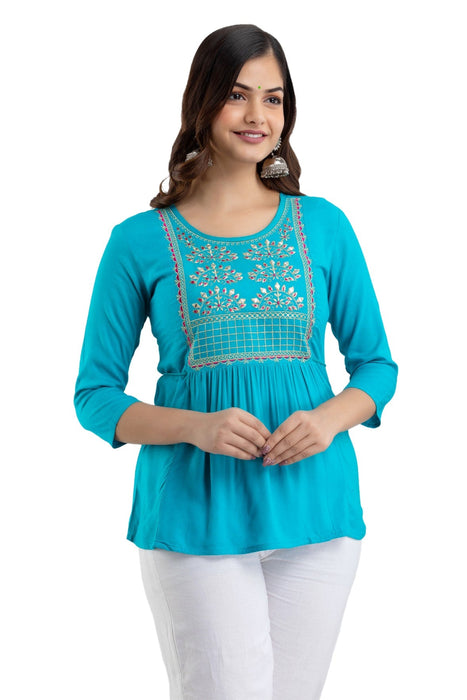 Women's Rayon embroidered Hip Length Formal Tops KRT021TURQUOISE