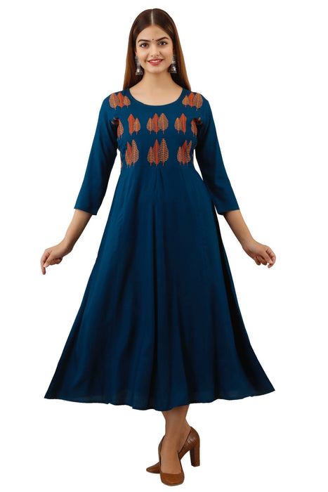 Women's Solid Dyed Rayon Designer Embroidered A-Line Kurta - KR007 BLUE