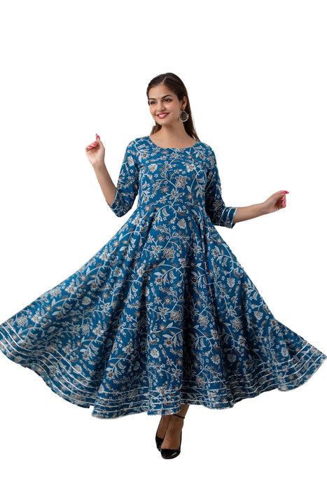 Women's Pure Cotton Printed Ankle Length Full Flared Traditional Kurta KR0130BLUE