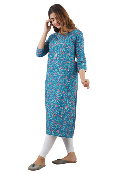 Women's 100% Pure Cotton Printed Calf Length Straight Kurta KR057SKYBLUE