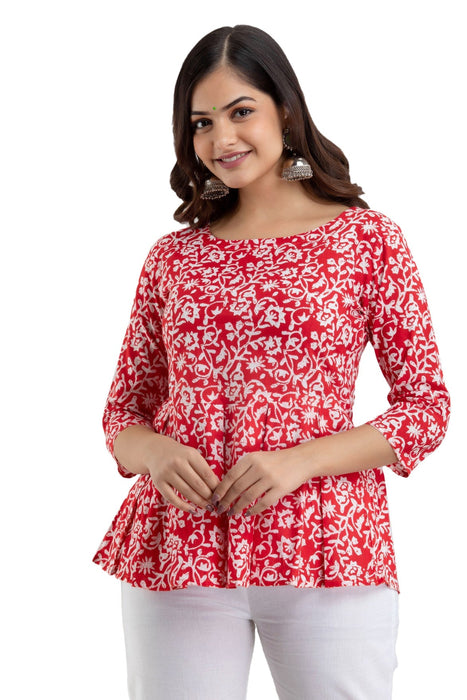 Women's Pure Cotton Printed Hip Length Formal Tops KRT028RED