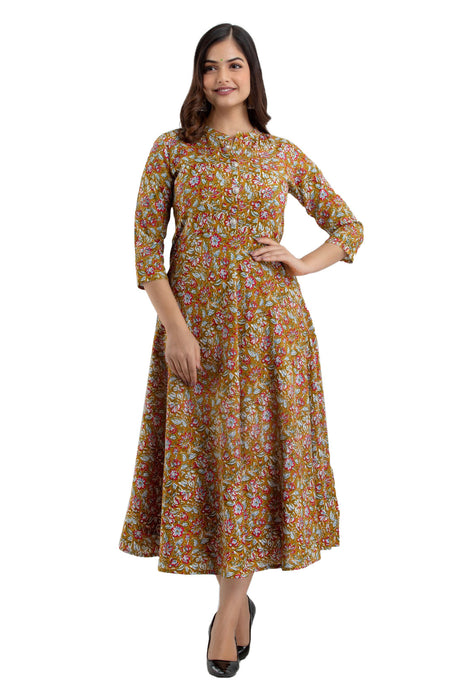 Women's 100% Viscose Rayon Printed Ankle Length Flared Traditional Kurta WT0106BROWN