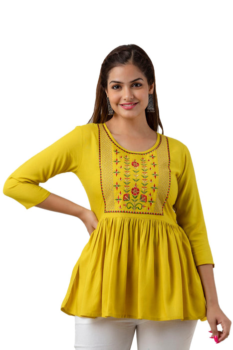 Women's Rayon embroidered Hip Length Formal Tops KRT036MUSTARD