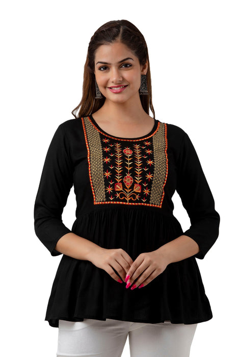 Women's Rayon embroidered Hip Length Formal Tops KRT036BLACK