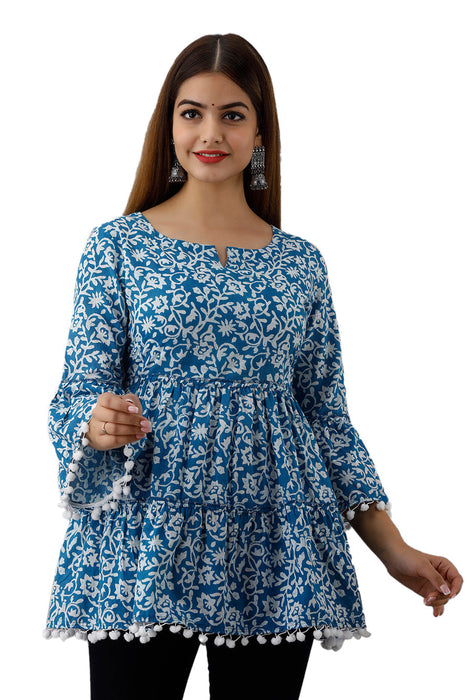 Women's Pure Cotton Printed Hip Length Formal Tops KRT011SKYBLUE