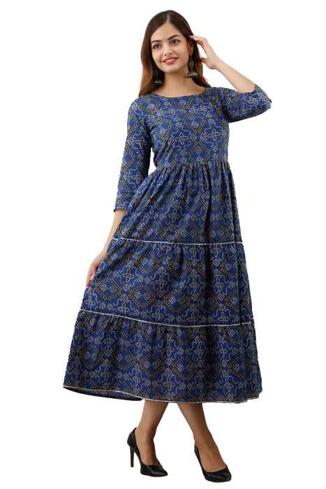 Women's Pure Cotton Printed Ankle Length Flared Traditional Kurta KR048BLUE