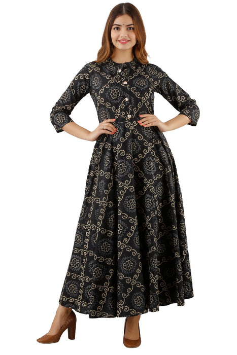 Women's Pure Cotton Printed Ankle Length Flared Traditional Kurta KR077BLACK