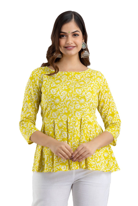 Women's Pure Cotton Printed Hip Length Formal Tops KRT028YELLOW