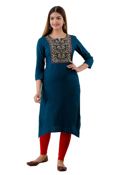 Women's Rayon Printed Calf Length Straight Kurta KR062BLUE