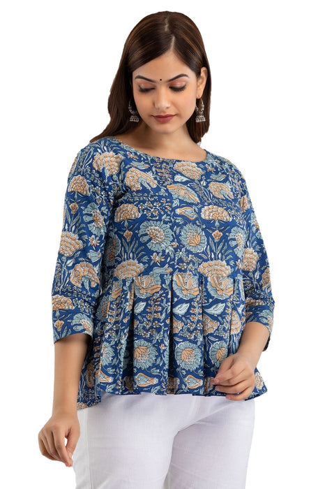 Women's Pure Cotton Printed Hip Length Formal Tops KRT031BLUE