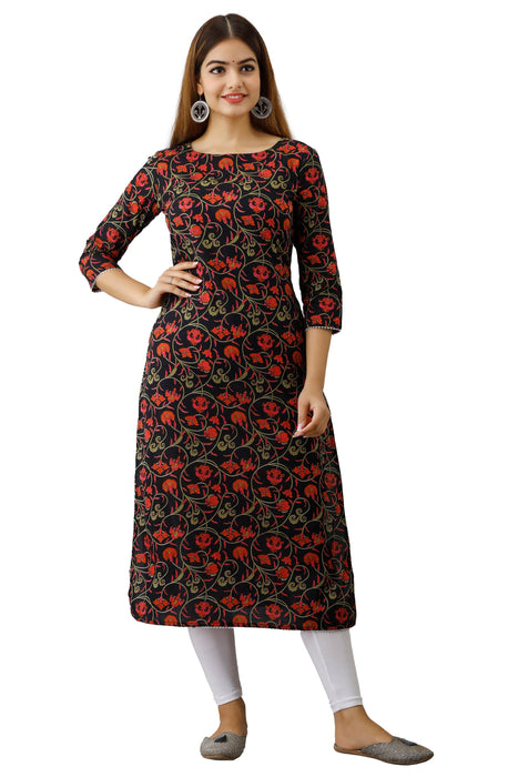 Women's Pure Cotton Printed Calf Length Straight Kurta KR050BLACK