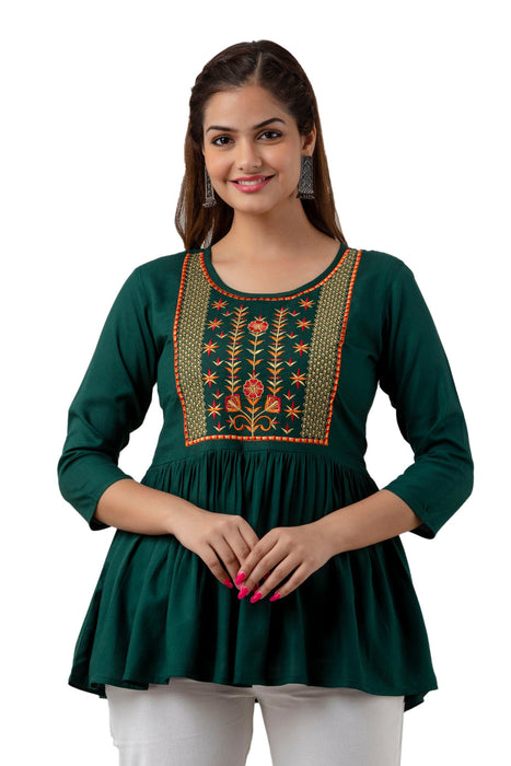 Women's Rayon embroidered Hip Length Formal Tops KRT036GREEN