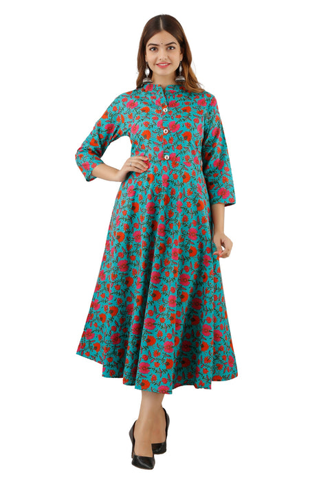 Women's Pure Cotton Printed Ankle Length Flared Traditional Kurta KR025TURQUOISE