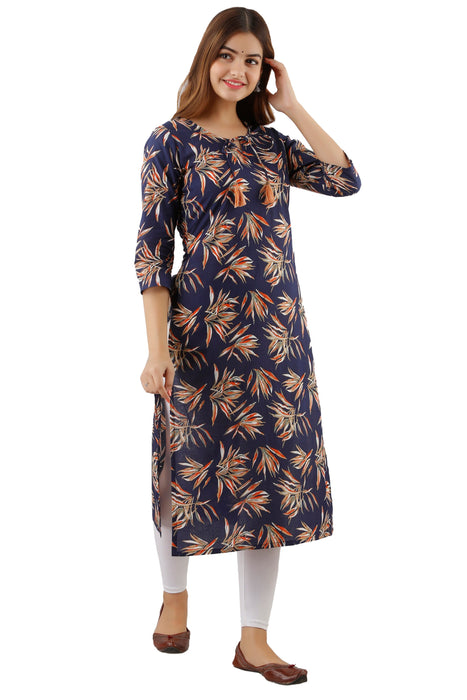 Women's 100% Pure Cotton Printed Calf Length Straight Kurta KR084BLUE