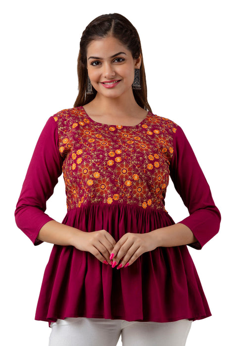 Women's Rayon embroidered Hip Length Formal Tops KRT037WINE