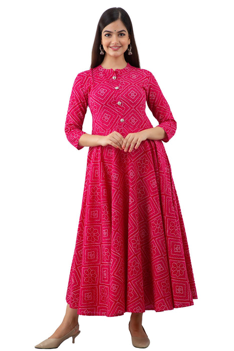 Women's Pure Cotton Printed Ankle Length Flared Traditional Kurta KR079PINK