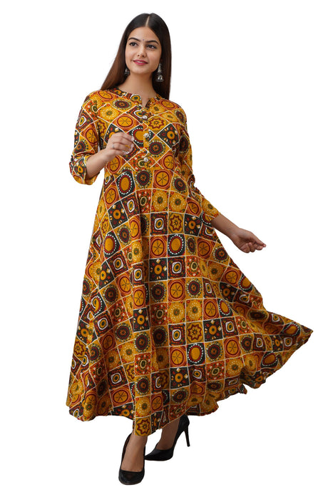 Women's Pure Cotton Printed Ankle Length Flared Traditional Kurta KR040MUSTARD