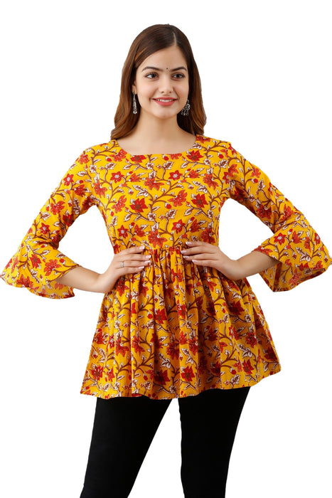 Women's Pure Cotton Printed Hip Length Formal Tops KRT007YELLOW