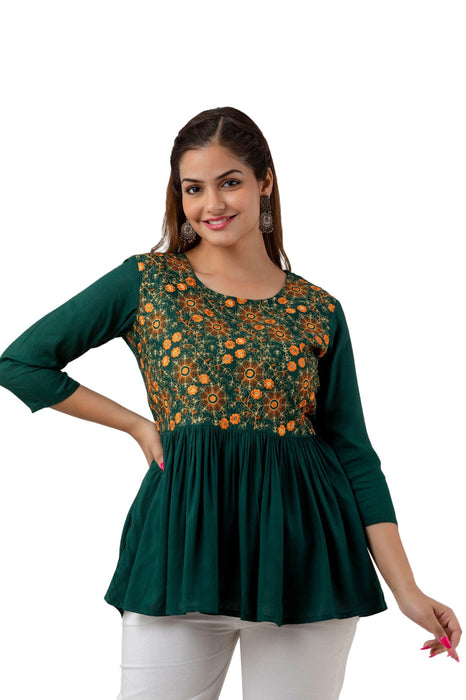 Women's Rayon embroidered Hip Length Formal Tops KRT037GREEN