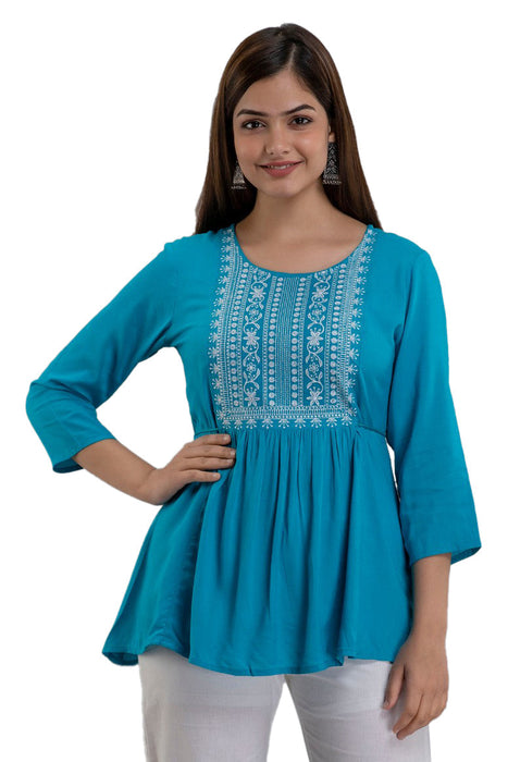 Women's Rayon embroidered Hip Length Formal Tops KRT035TURQUOISE